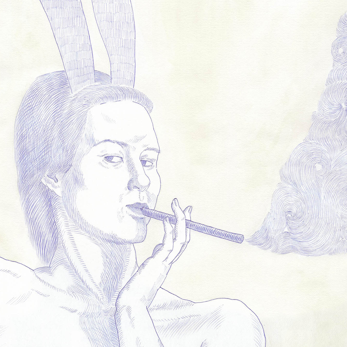 Artistic depiction of a person with rabbit ears smoking a cigarette, with a stool and mirror in the background.