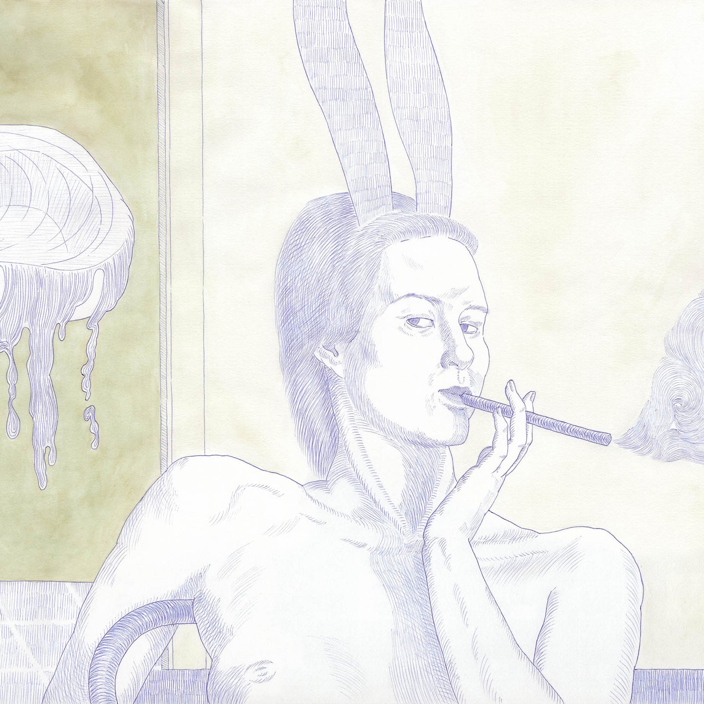 Artistic depiction of a person with rabbit ears smoking a cigarette, with a stool and mirror in the background.