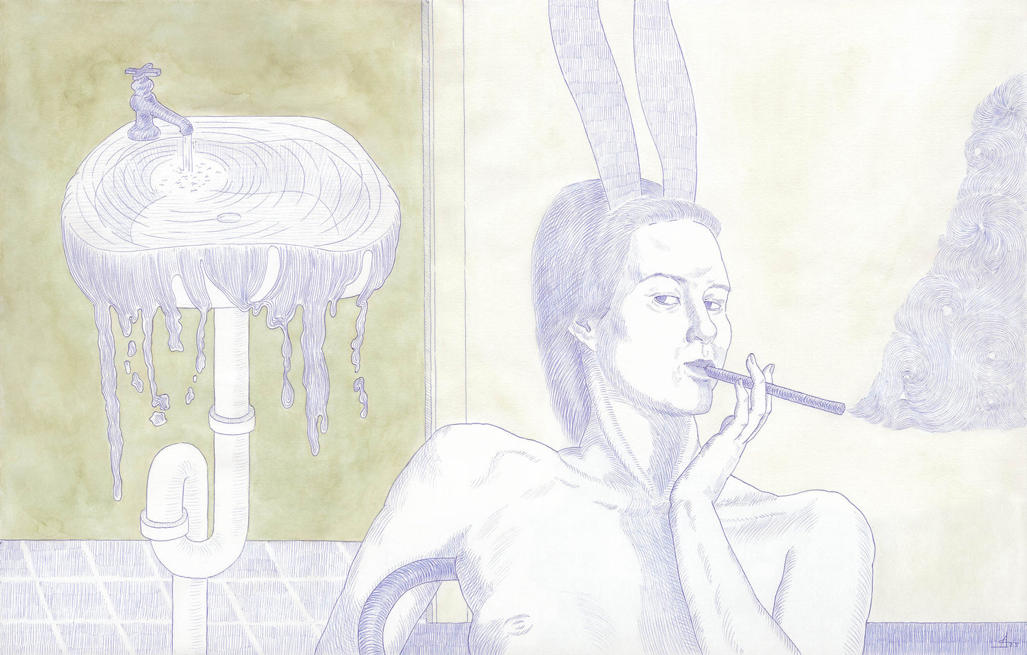 Artistic depiction of a person with rabbit ears smoking a cigarette, with a stool and mirror in the background.
