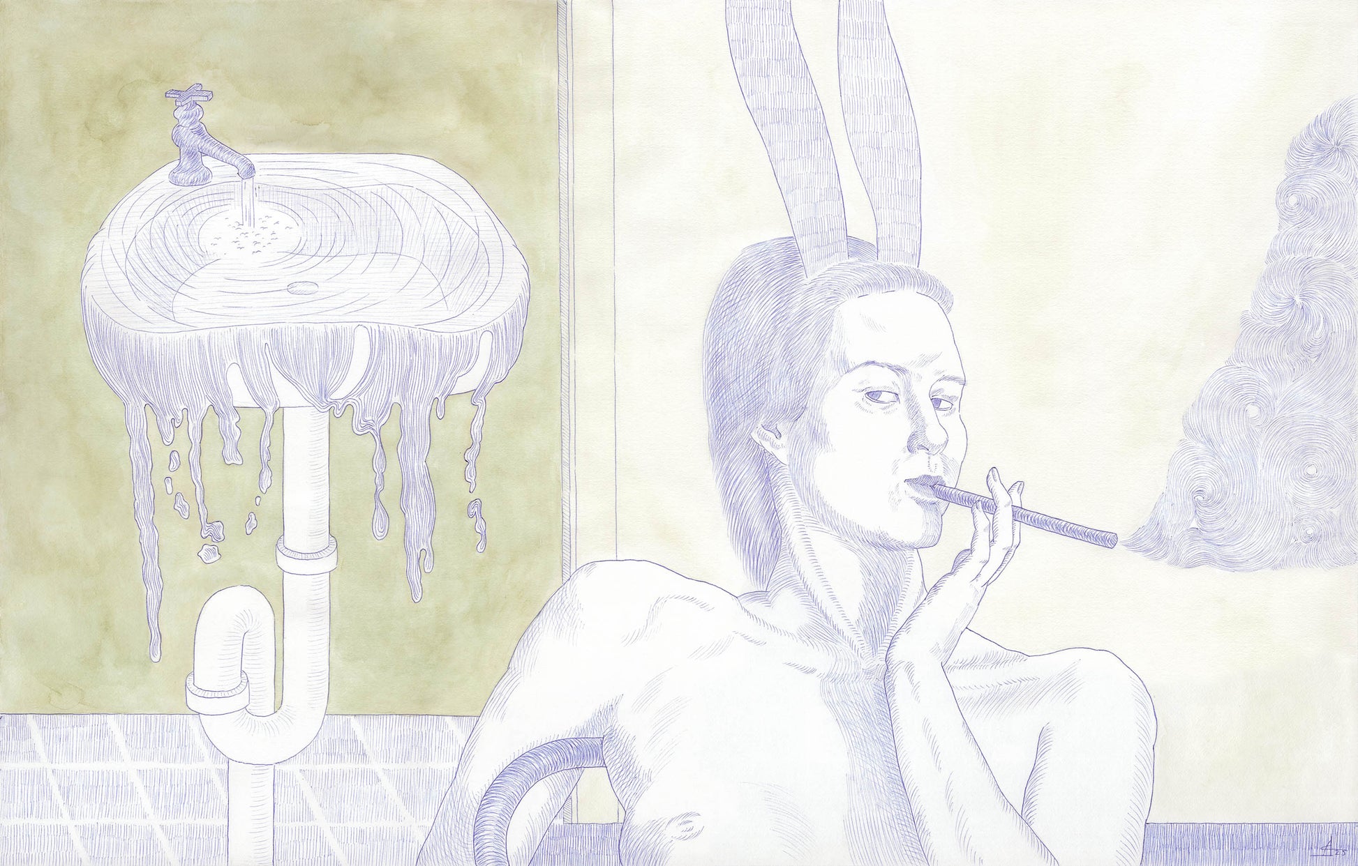 Artistic depiction of a person with rabbit ears smoking a cigarette, with a stool and mirror in the background.
