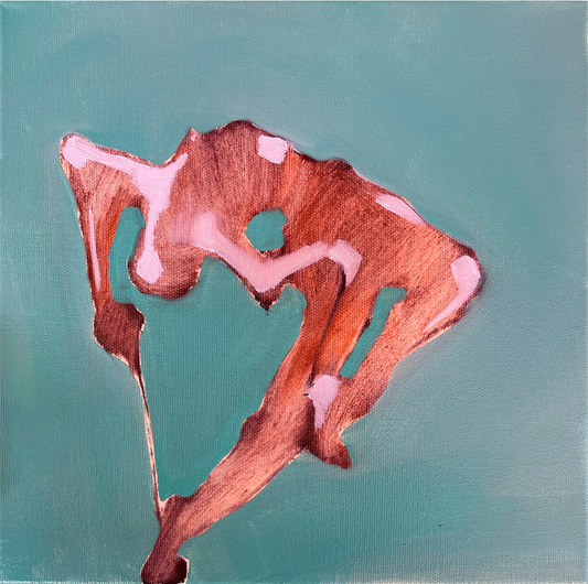 Abstract artwork with a brown shape on a teal background