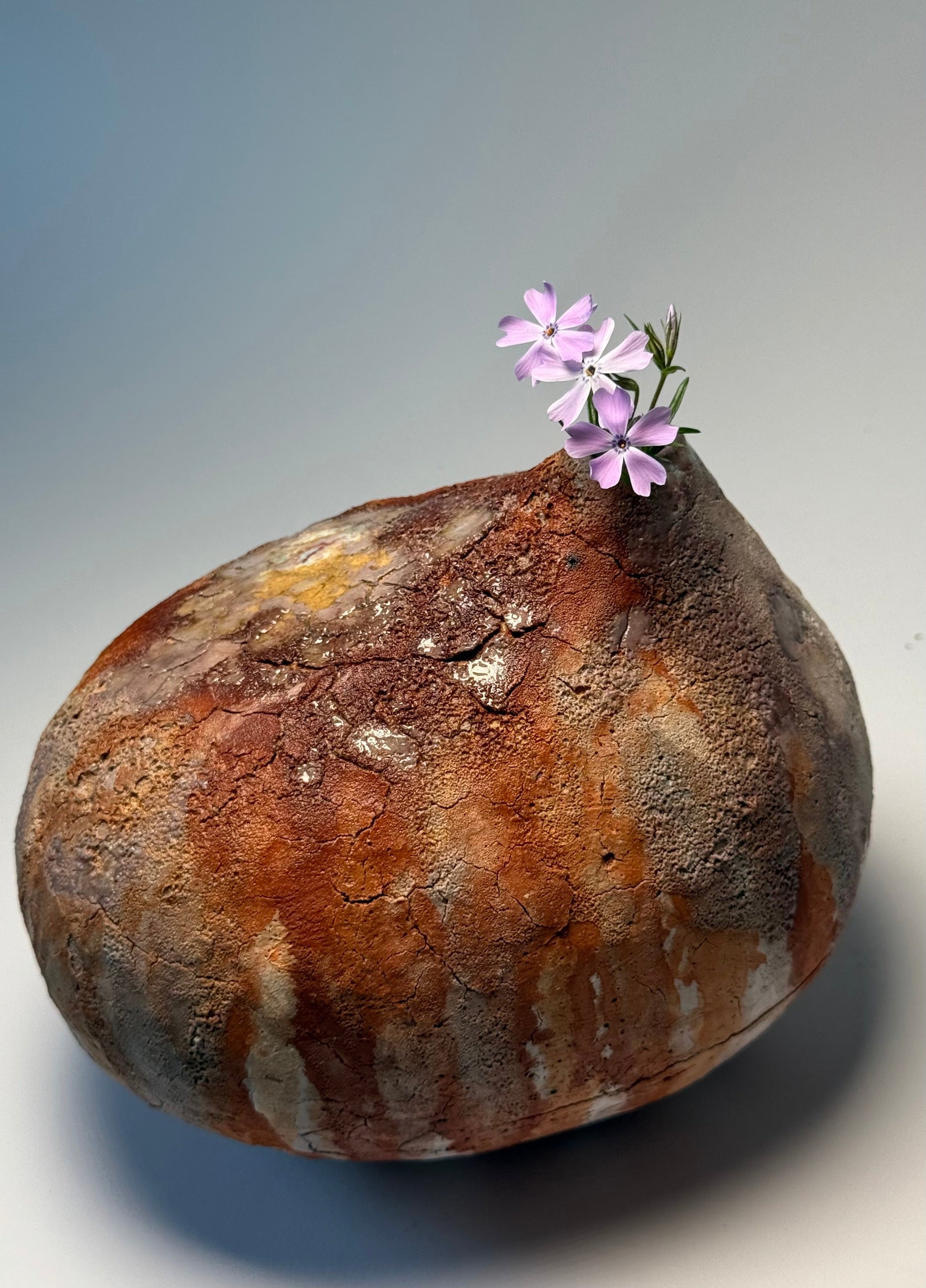 Textured brown interior vase with a small purple flower on a light gray background