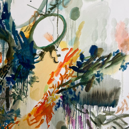 Abstract watercolor painting with expressive brushstrokes and drips in blue, orange, green, pink, black, and beige tones on a light background.