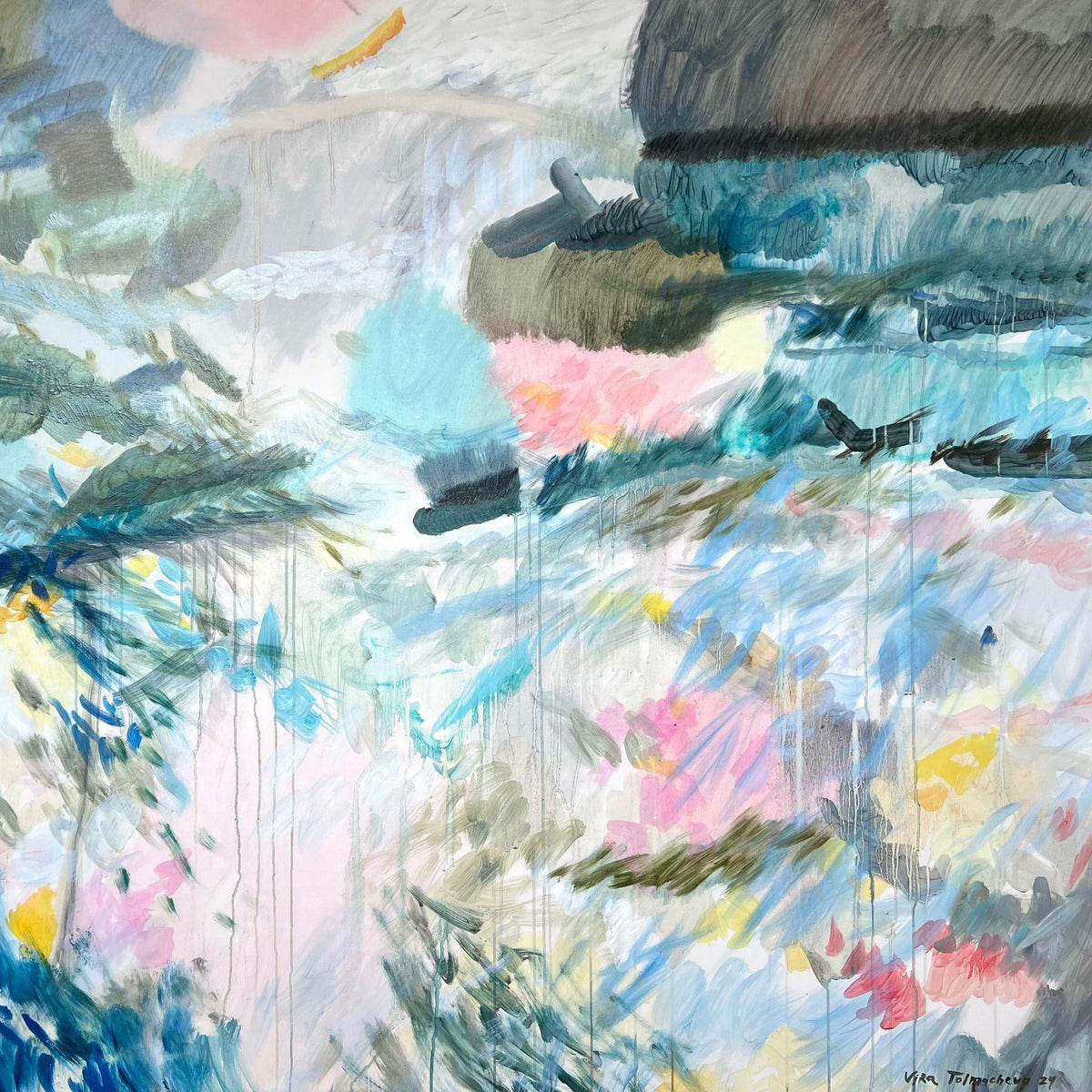 An abstract painting depicting a landscape with flowing brushstrokes of blue, pink, white, and gray, featuring stylized trees and water elements.
