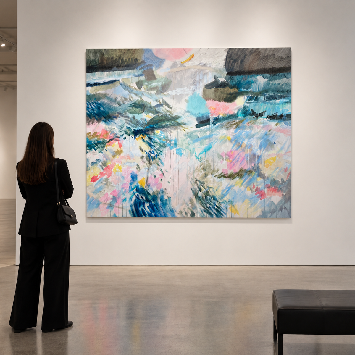 A woman in a black blazer and wide-leg pants stands in a gallery, facing a large abstract painting with blue, pink, white, and gray brushstrokes on a white wall.