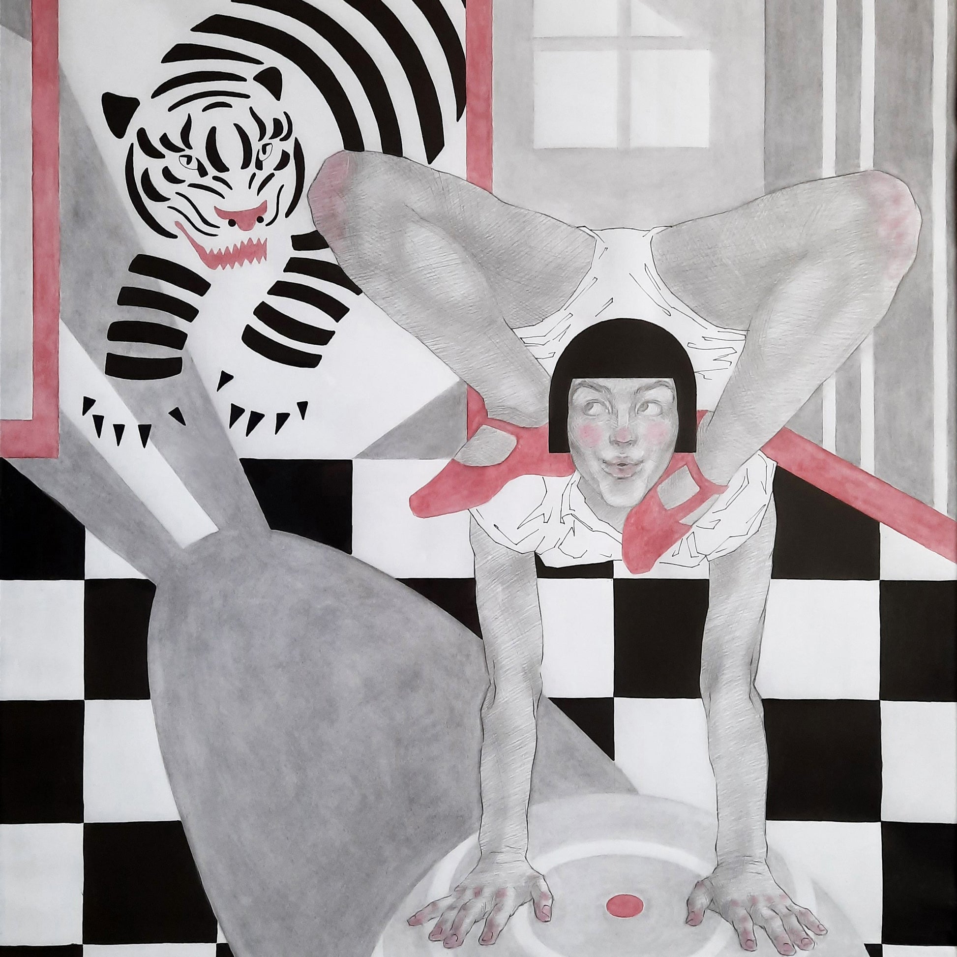 Artistic depiction of a person in a white outfit with red shoes, a tiger, and checkered floor.
