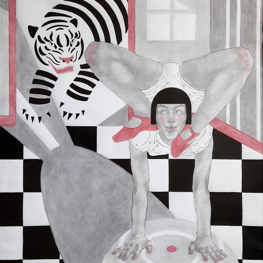 Artistic depiction of a person in a white outfit with red shoes, a tiger, and checkered floor.