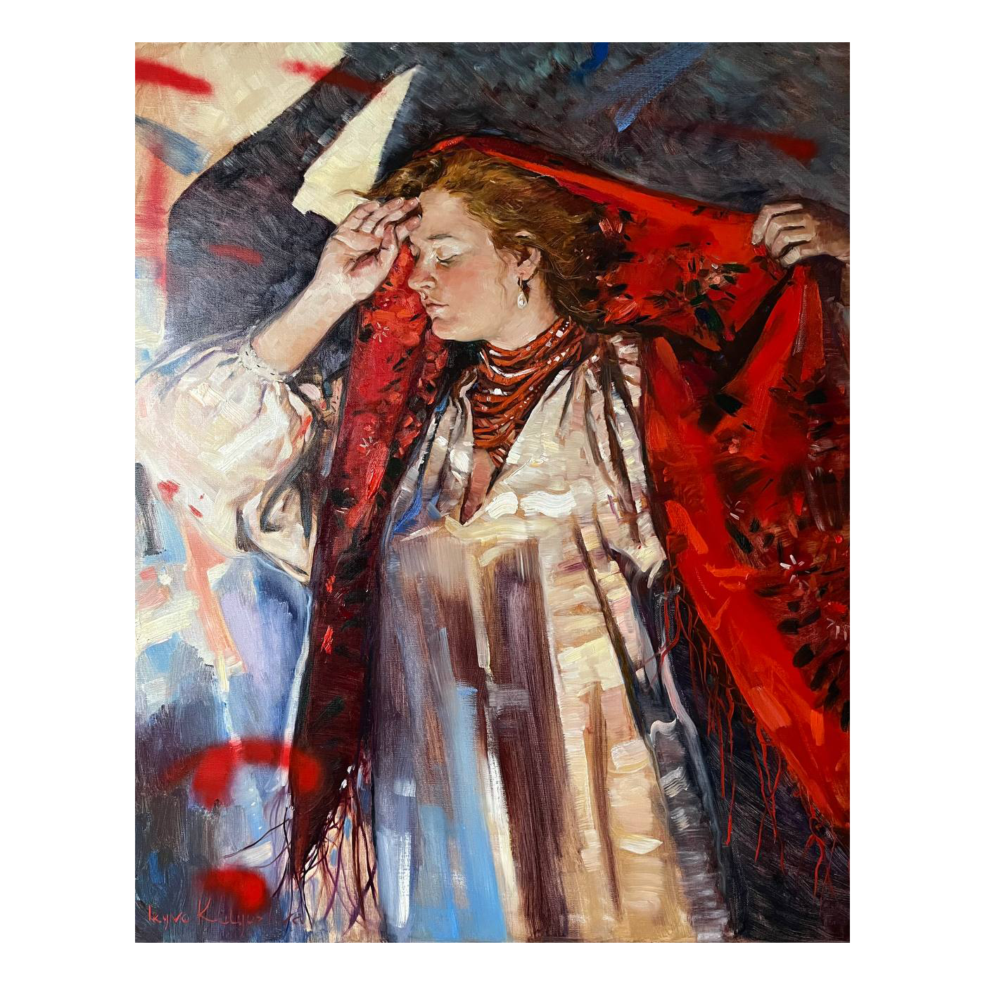 Anxiety in Red, Ukrainian young women in traditional costumes, artwork by Iryna Kalyuzhna