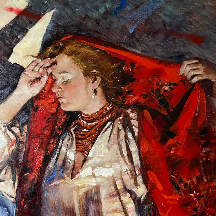Anxiety in Red, Ukrainian young women in traditional costumes, artwork by Iryna Kalyuzhna, closeup
