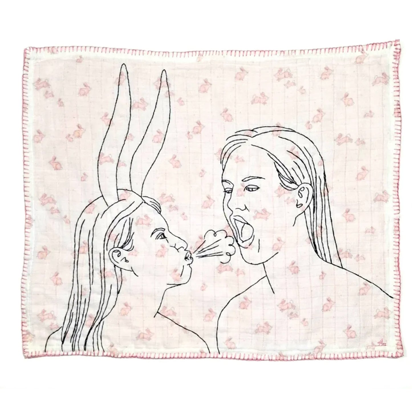 Blanket with line art of two women blowing bubbles on a floral patterned background