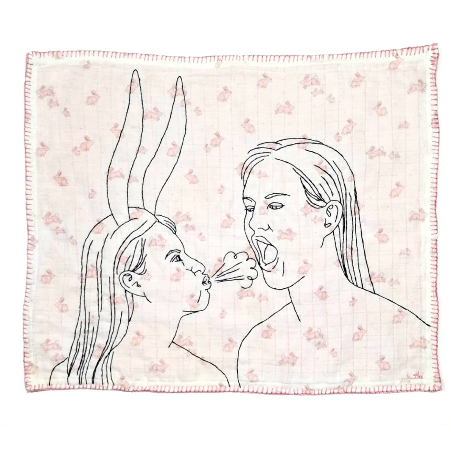 Blanket with line art of two women blowing bubbles on a floral patterned background