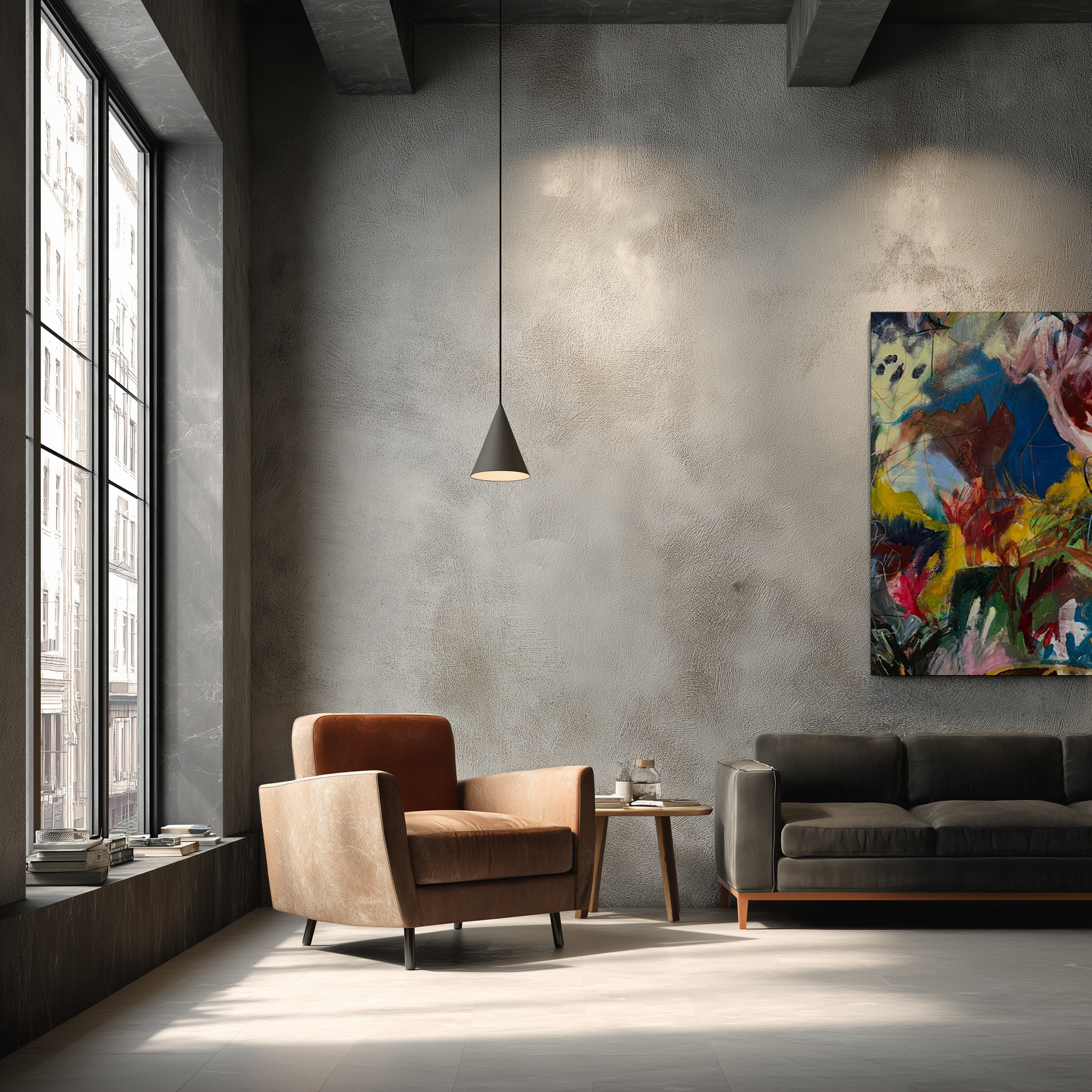 Modern living room with a brown armchair, gray sofa, and colorful abstract painting on a concrete wall.