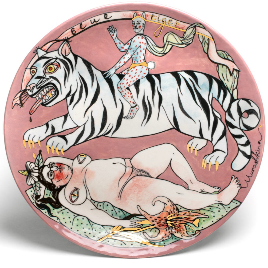 Blue Tiger, Ceramic Plate by contemporary Ukrainian artist Nina Murashkina