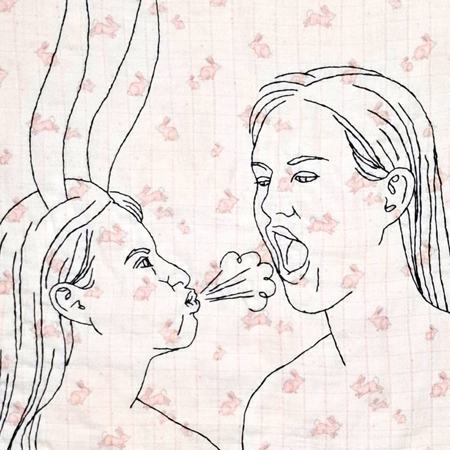Illustration of two women with long hair on a pink floral background