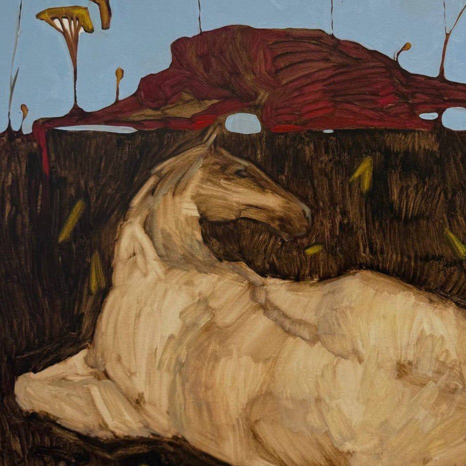 Contemporary artwork featuring a horse-like figure in a lying pose with an abstract red and dark background, rendered in oil on canvas, by Anna Bondar