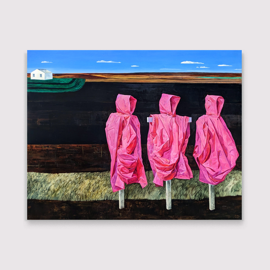Three figures in pink hooded cloaks standing on a grassy field with a blue sky above.