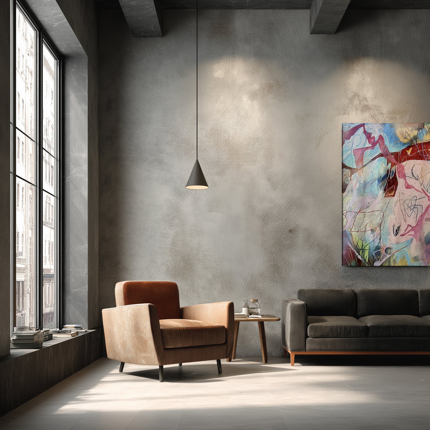 Modern living room with a brown armchair, gray sofa, and abstract painting on a concrete wall.