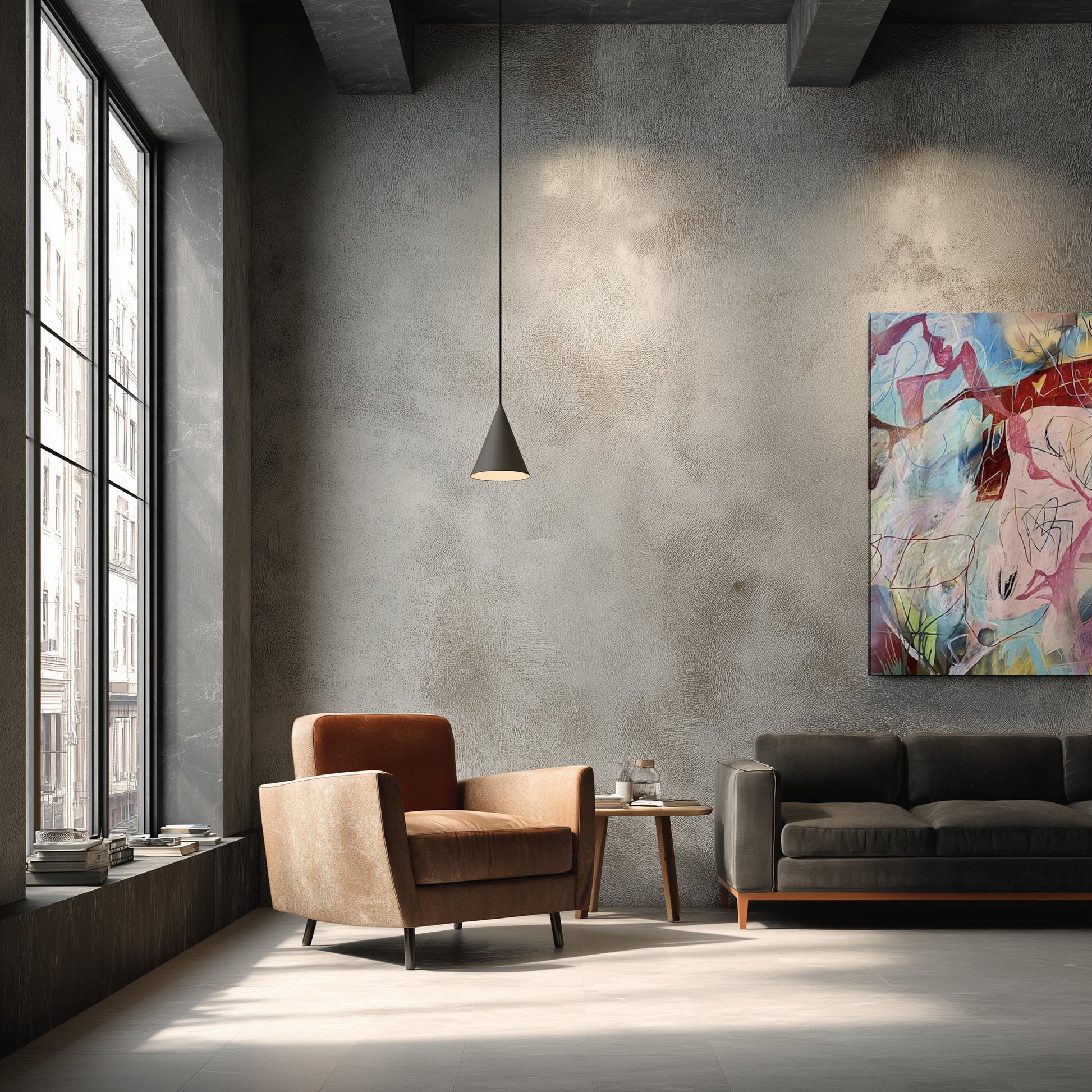 Modern living room with a brown armchair, gray sofa, and abstract painting on a concrete wall.