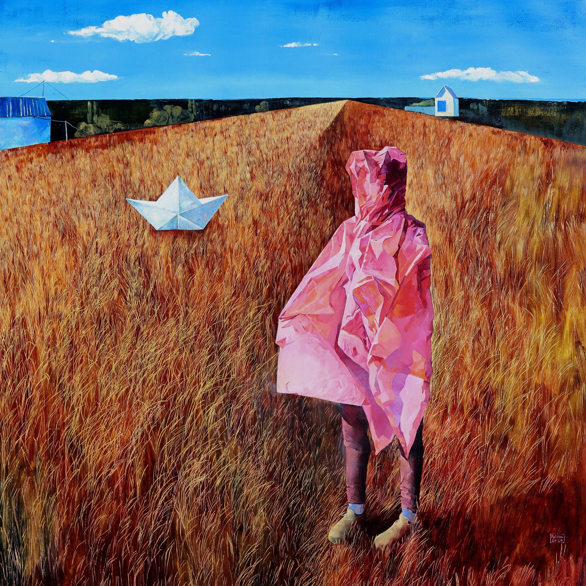 Field of Dreams artwork, Person in a pink raincoat standing in tall brown grass with a paper boat in the air.
