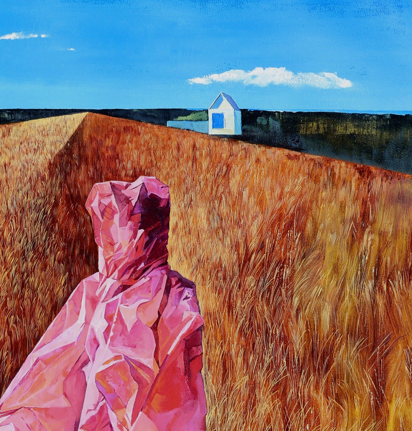 Close up of artwork, Person in a pink raincoat standing in tall brown grass with a paper boat in the air.