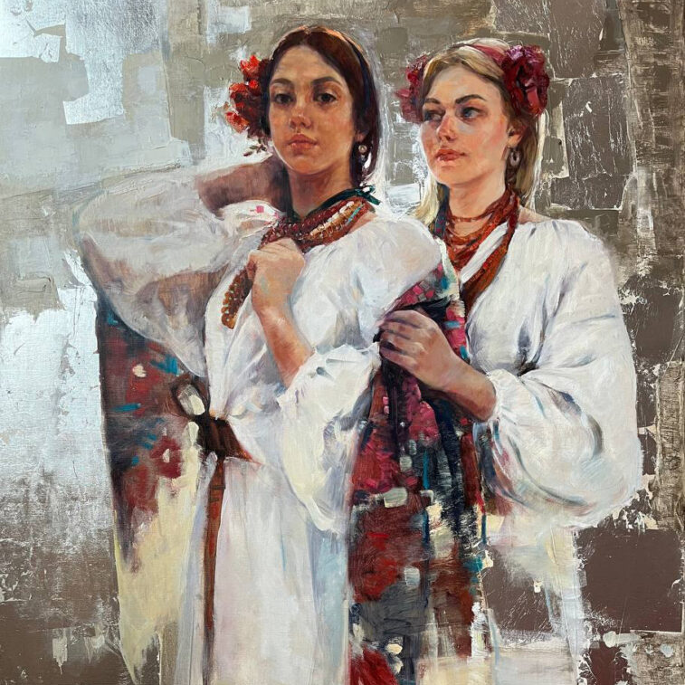 Girls in silver, Ukrainian young women in traditional costumes, artwork by Iryna Kalyuzhna