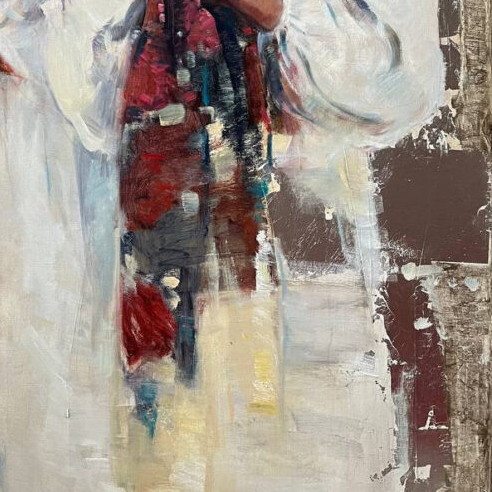 Girls in silver, Ukrainian young women in traditional costumes, artwork by Iryna Kalyuzhna, close up