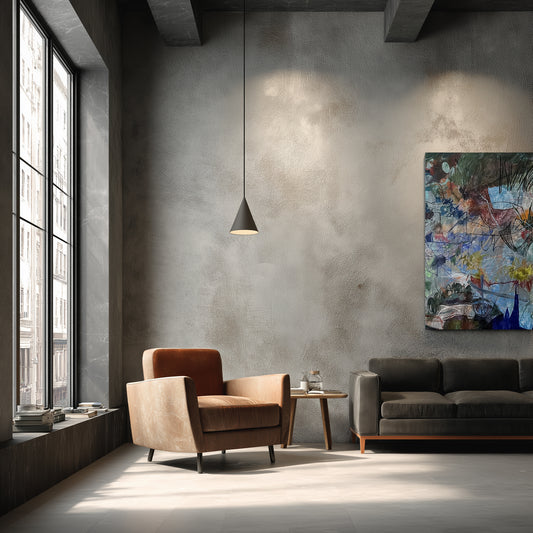 Modern living room with a brown armchair, gray sofa, and abstract painting on a concrete wall.