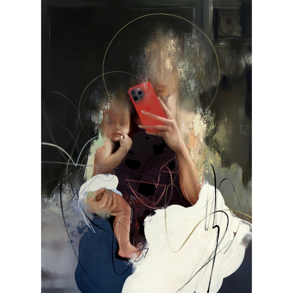 Icon, painting of young women and baby,  by contemporary Ukrainian artist Yevhenii Shapovalov 