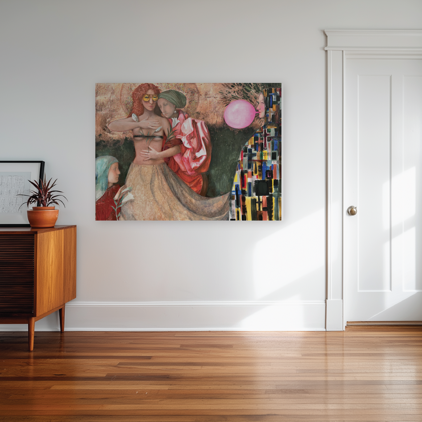 Abstract painting of two figures embracing on a wall in a room with wooden floor and white door.