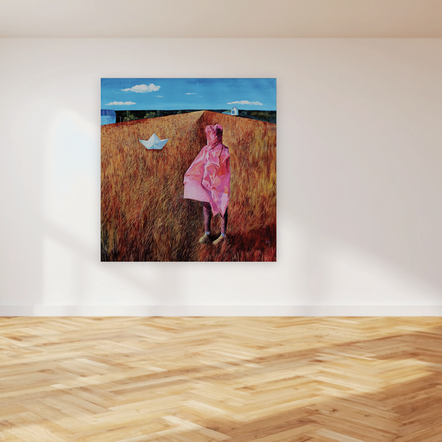 Painting of a person in a pink dress standing in a field with a blue sky.