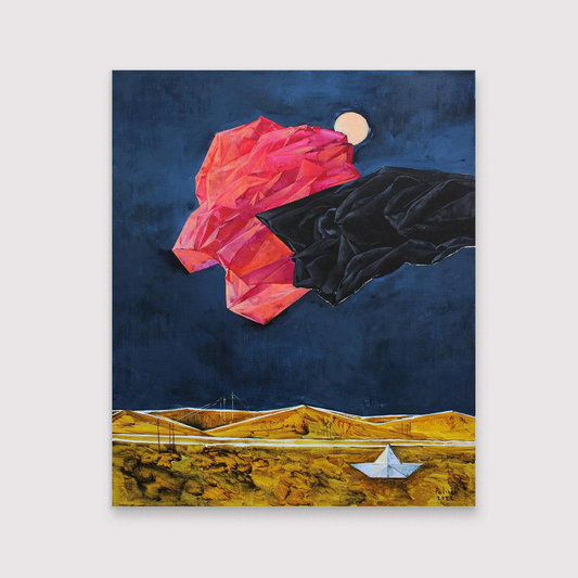 Abstract artwork with geometric shapes and a landscape at the bottom close-up. Artwork Love and Sorrow by Polina Kuznetsova