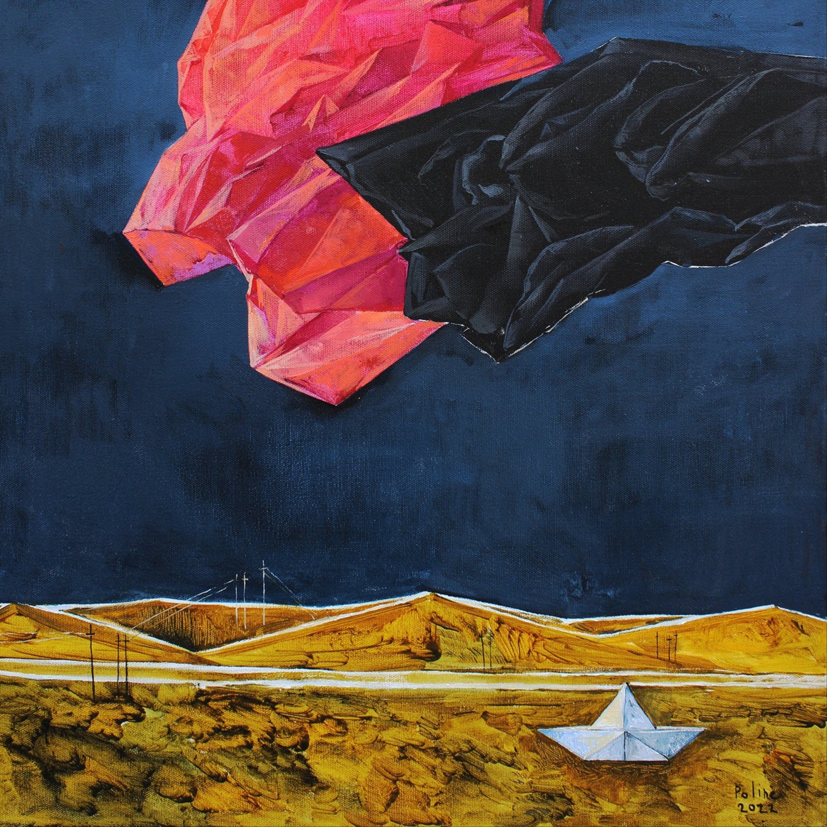 Abstract artwork with geometric shapes and a landscape at the bottom close-up. Artwork Love and Sorrow by Polina Kuznetsova