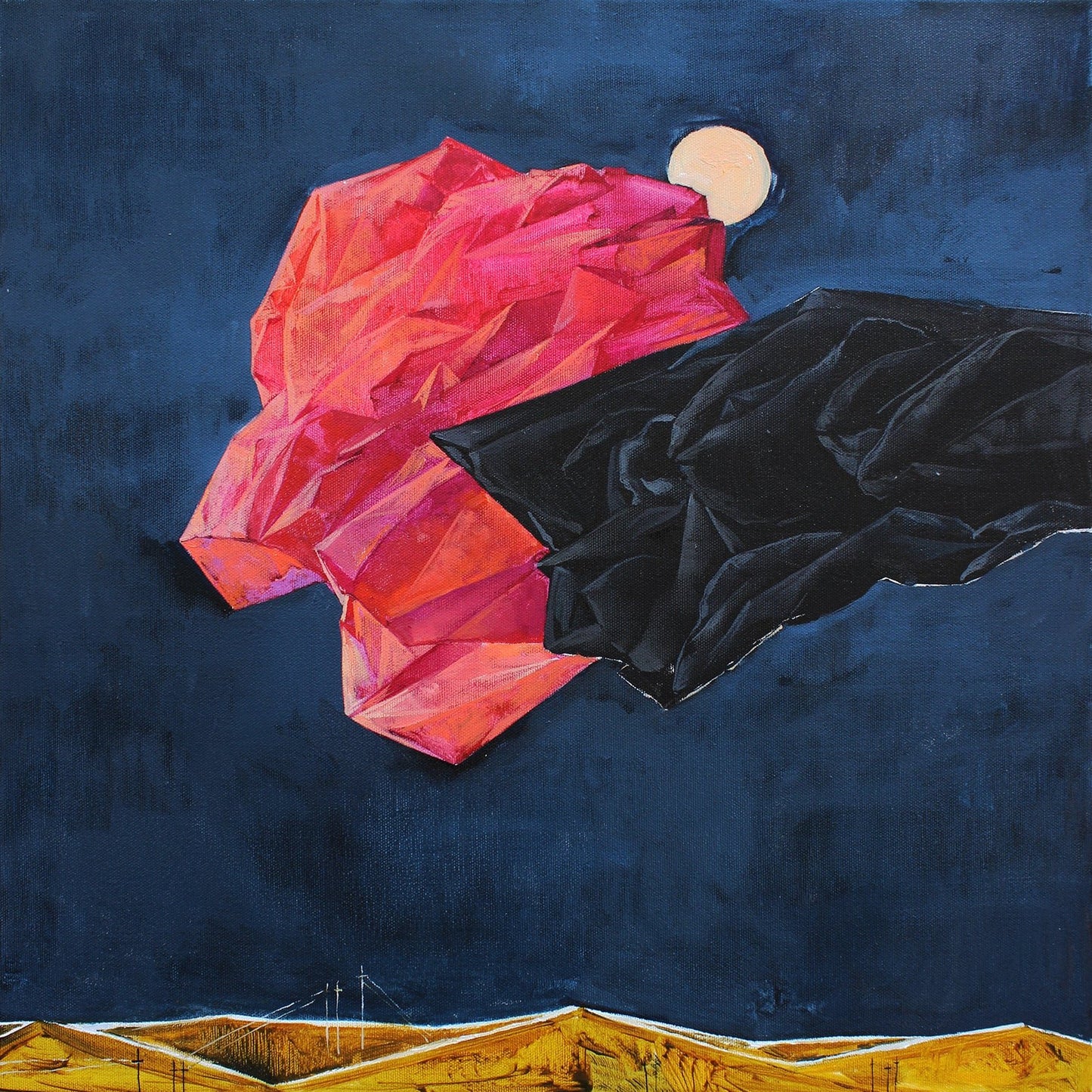 Abstract artwork with geometric shapes and a landscape at the bottom close-up. Artwork Love and Sorrow by Polina Kuznetsova.