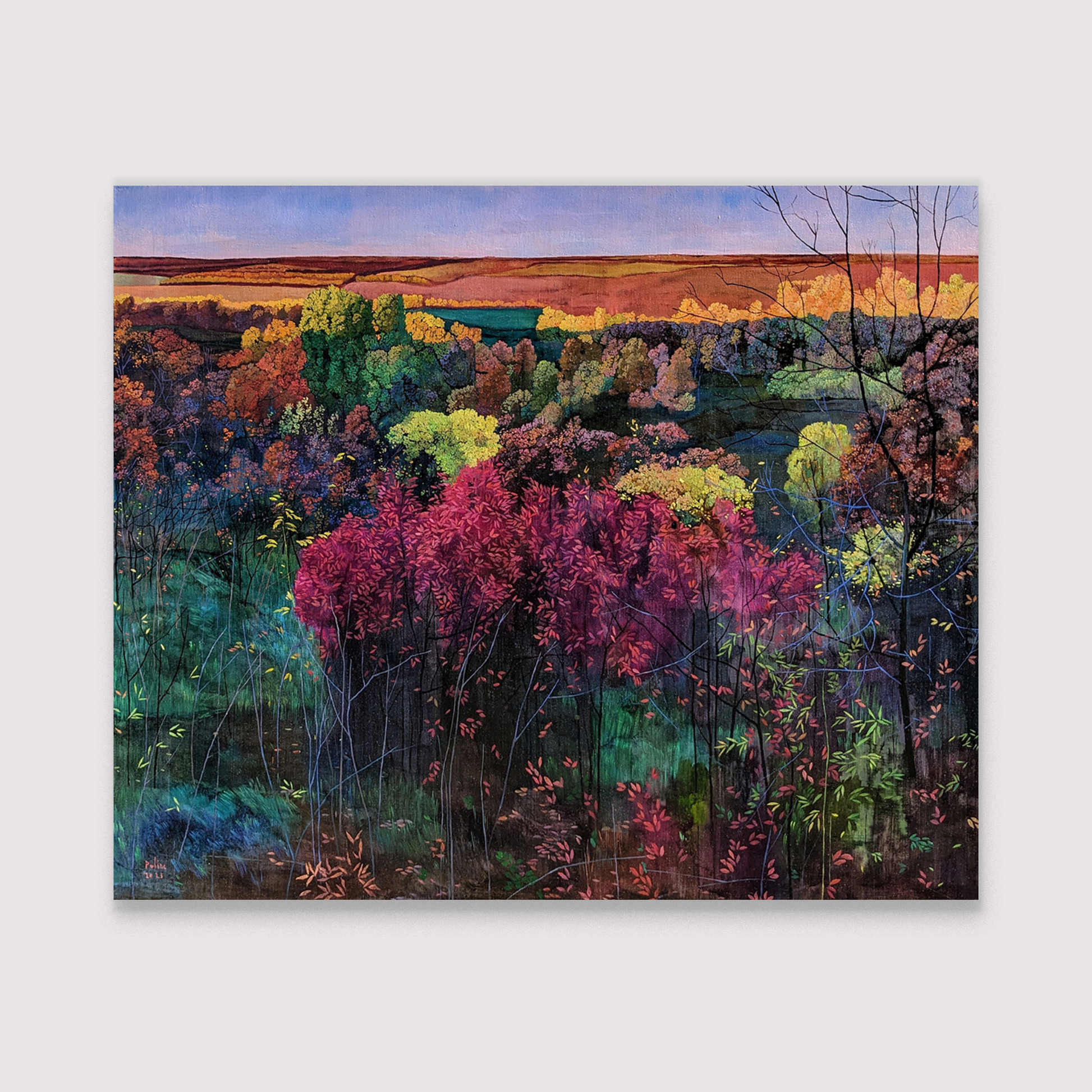 Colorful landscape painting of a fall forest with a gradient sky.