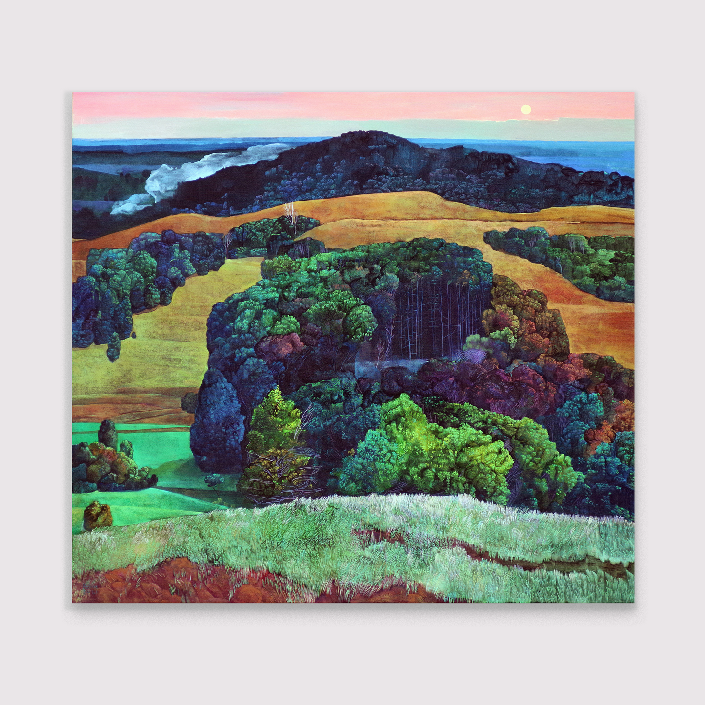 Colorful summer Landscape painting with trees and hills for leaving room