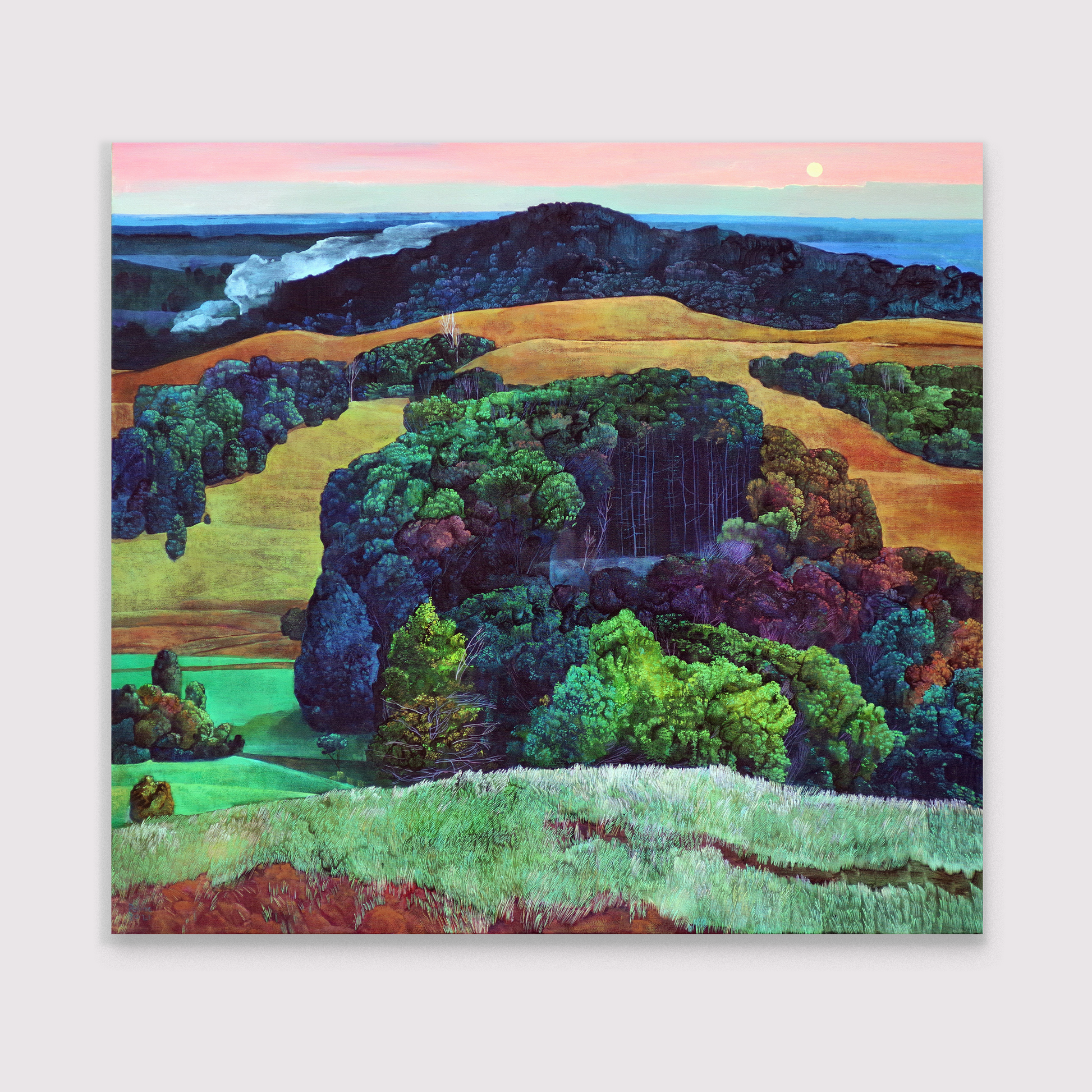 Colorful summer Landscape painting with trees and hills for leaving room
