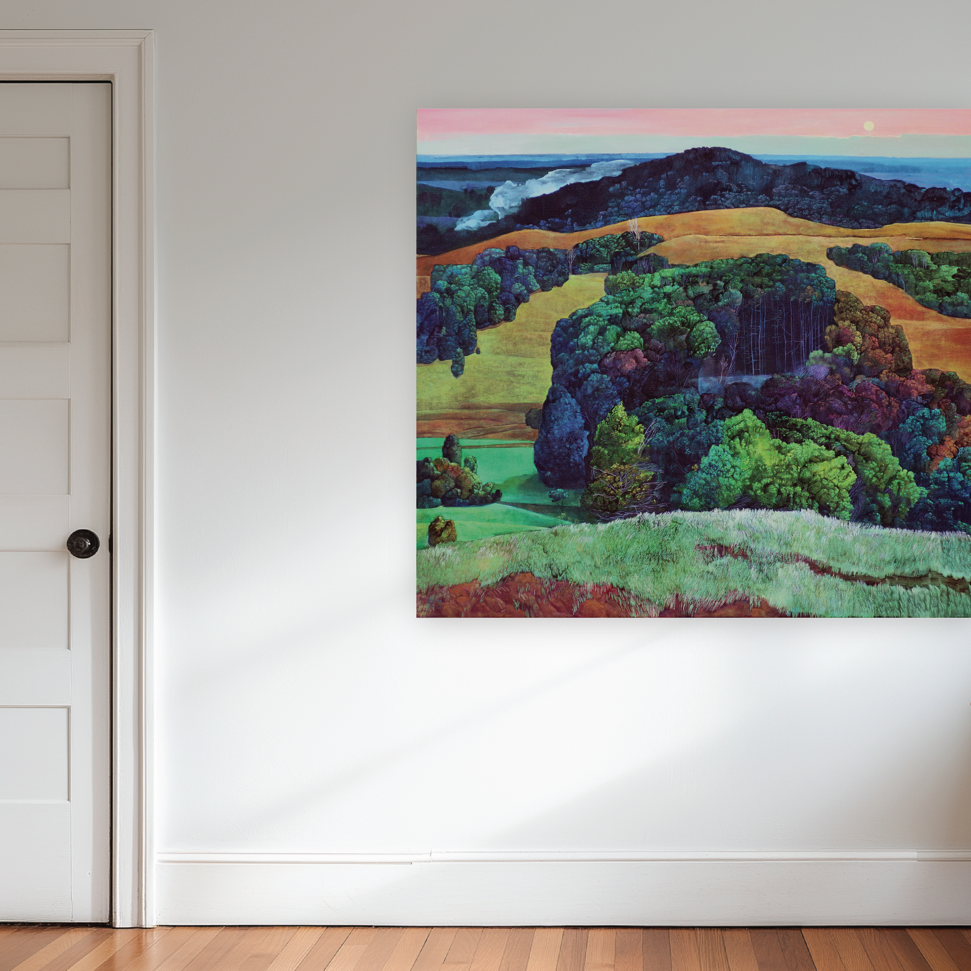Painting of a landscape with trees and fields on a white wall.