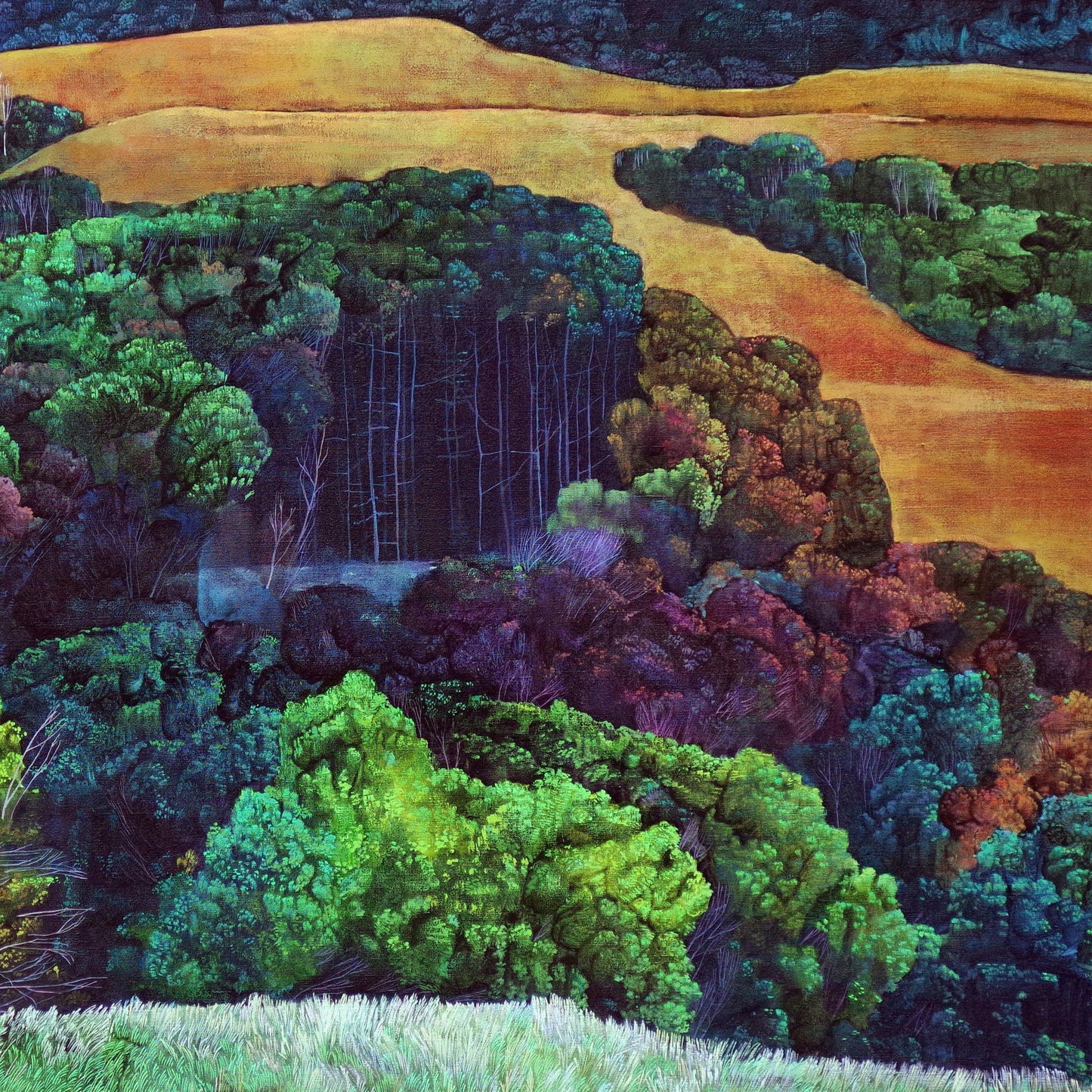 Magic landscape IV, artwork by contemporary Ukrainian artist Polina Kuznetsova.
A colorful landscape painting featuring trees, fields, and a mountain.