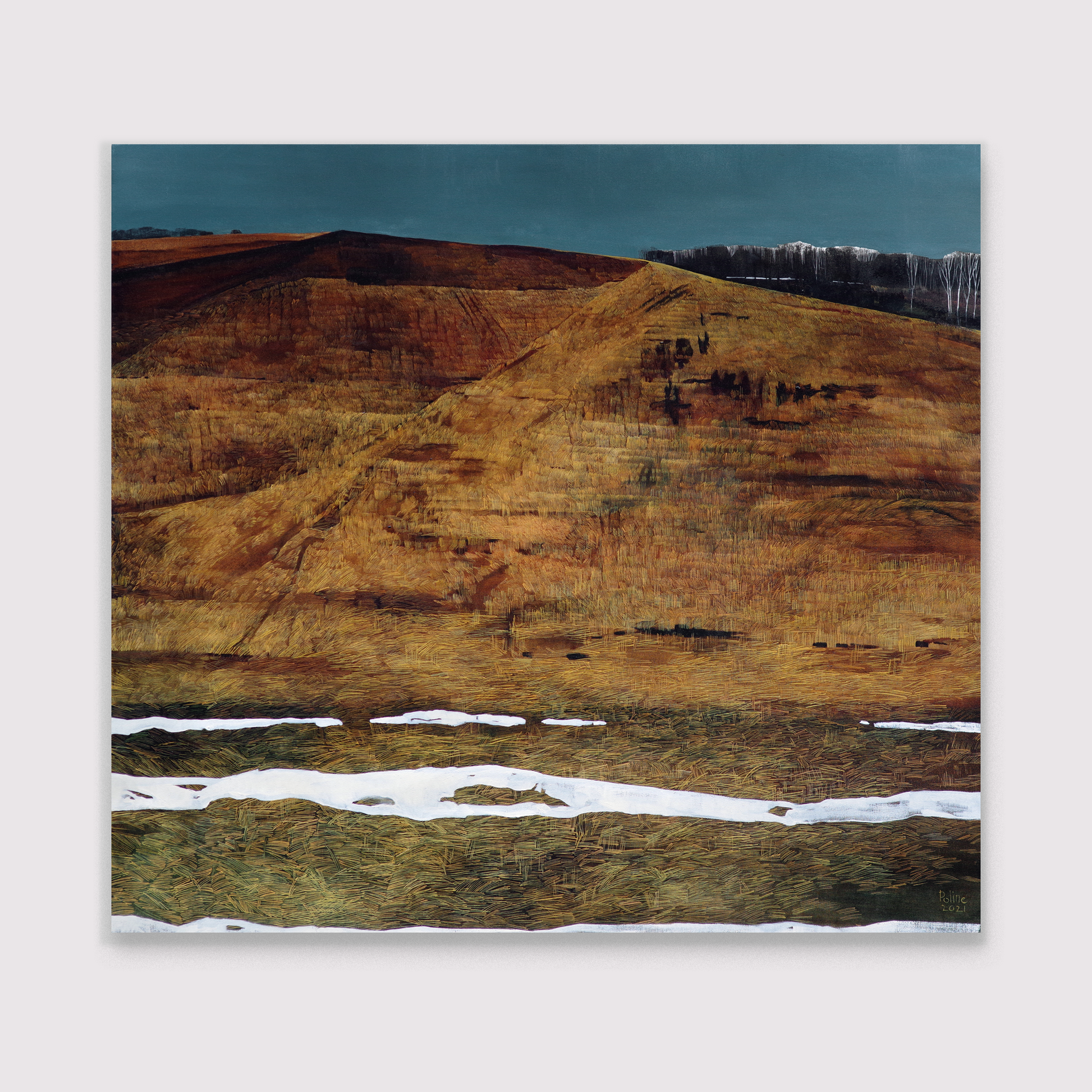 Winter, hilly magic landscape with a mix of brown and green tones for interior