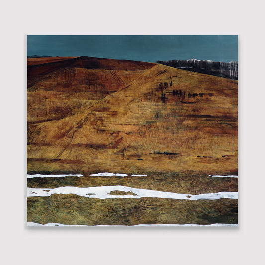 Winter, hilly magic landscape with a mix of brown and green tones for interior