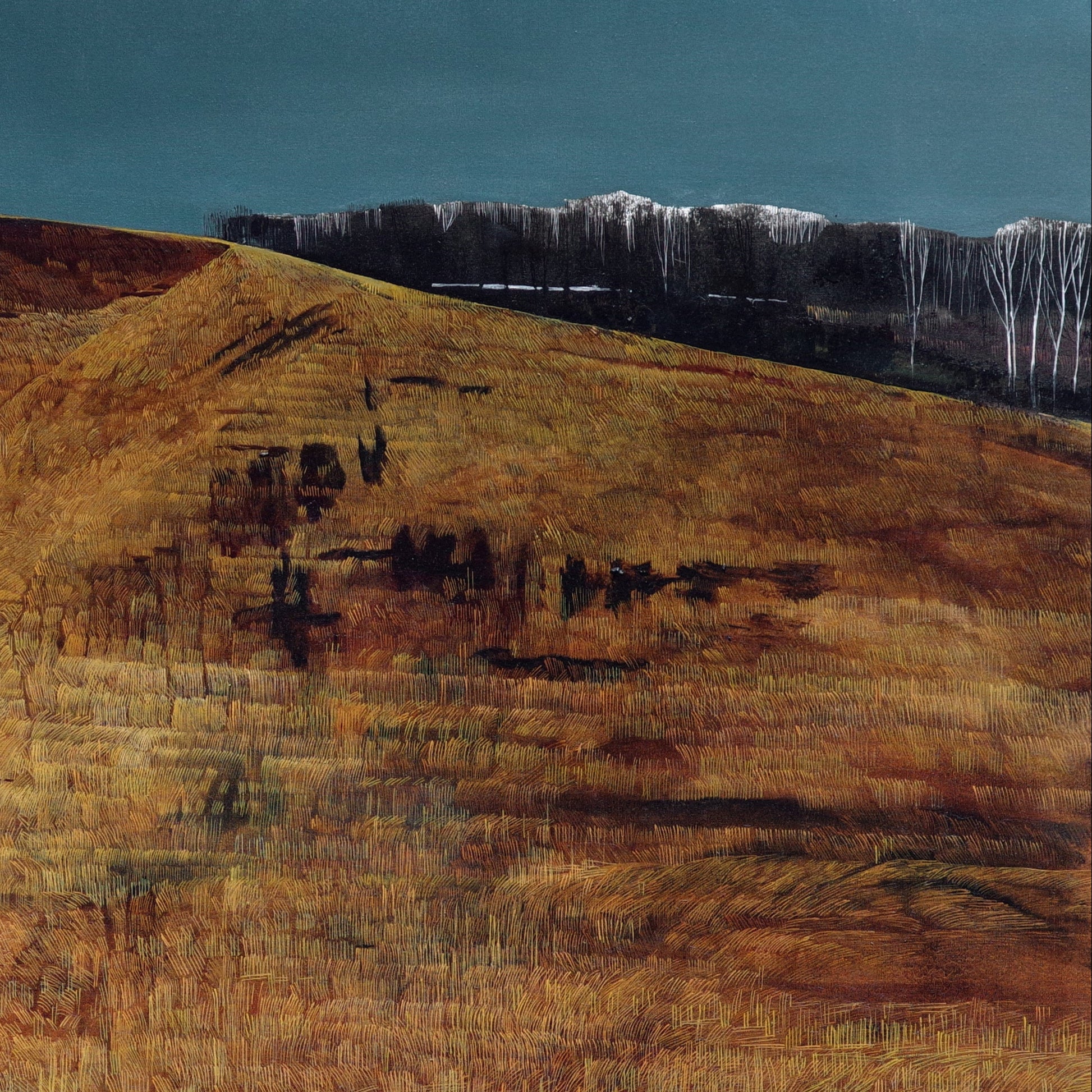 Winter Hilly landscape with brown and green tones, possibly a painting.