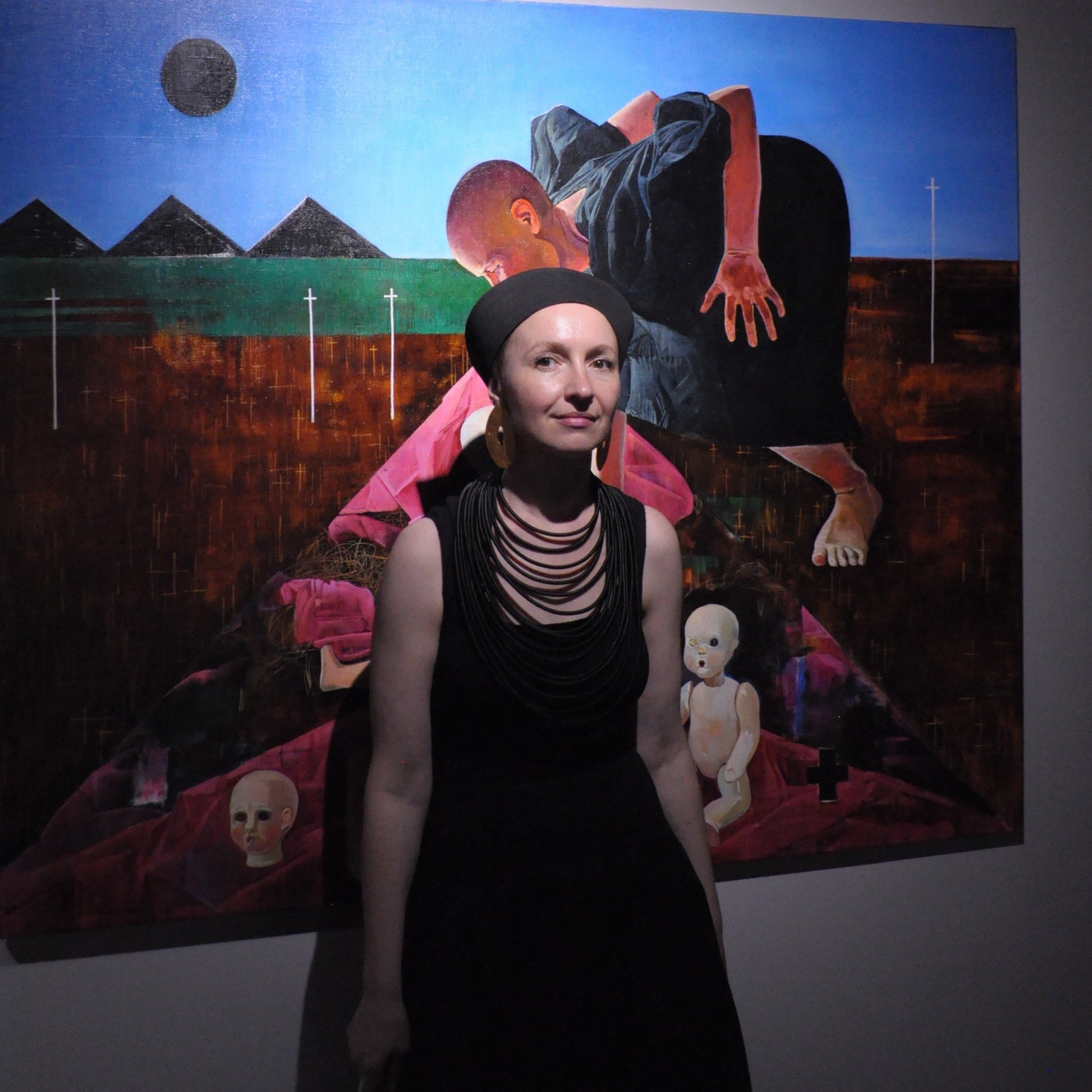 Polina Kuznetsova, Nausea artwork by a contemporary Ukrainian artist next to her Nausea artwork 