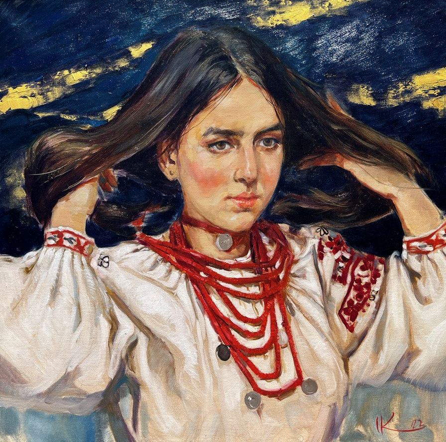 Oksana, an artwork by Ukrainian young women in traditional costumes, artwork by Iryna Kalyuzhna