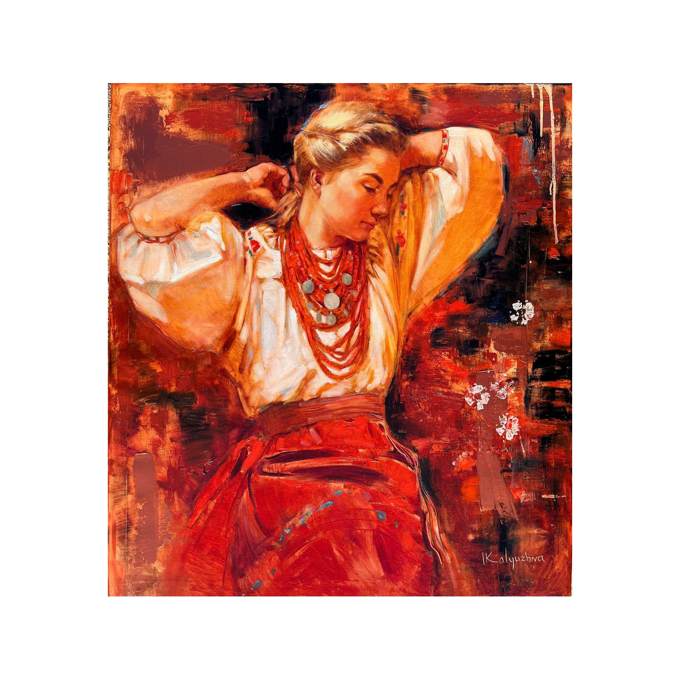 Orange Mirage, an artwork by Ukrainian young women in traditional costumes, artwork by Iryna Kalyuzhna