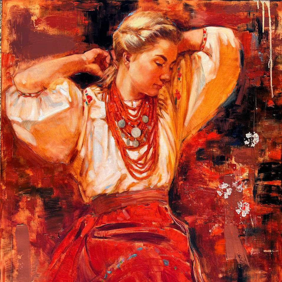Orange Mirage, an artwork by Ukrainian young women in traditional costumes, artwork by Iryna Kalyuzhna, closeup