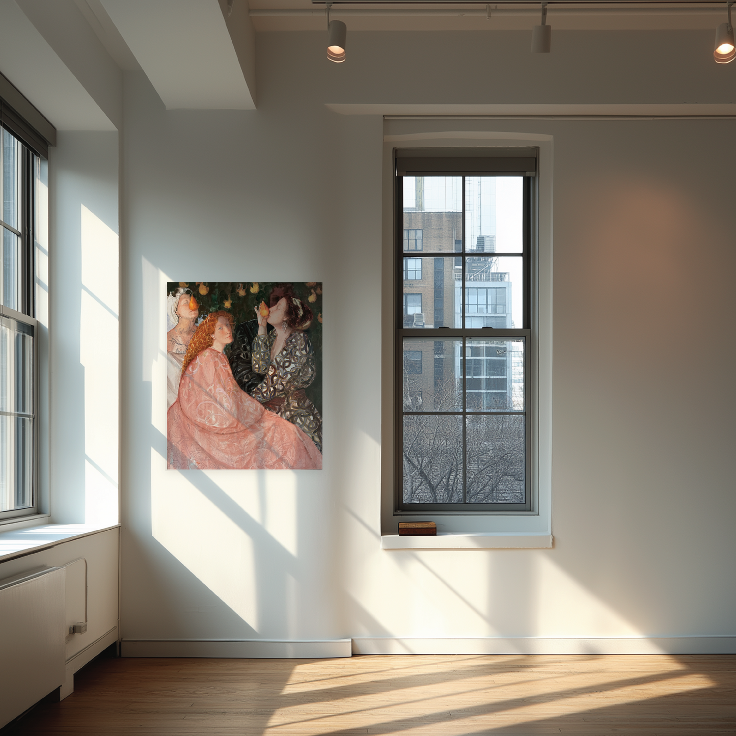 Room with large windows and a painting by Tata Kolesnik on the wall