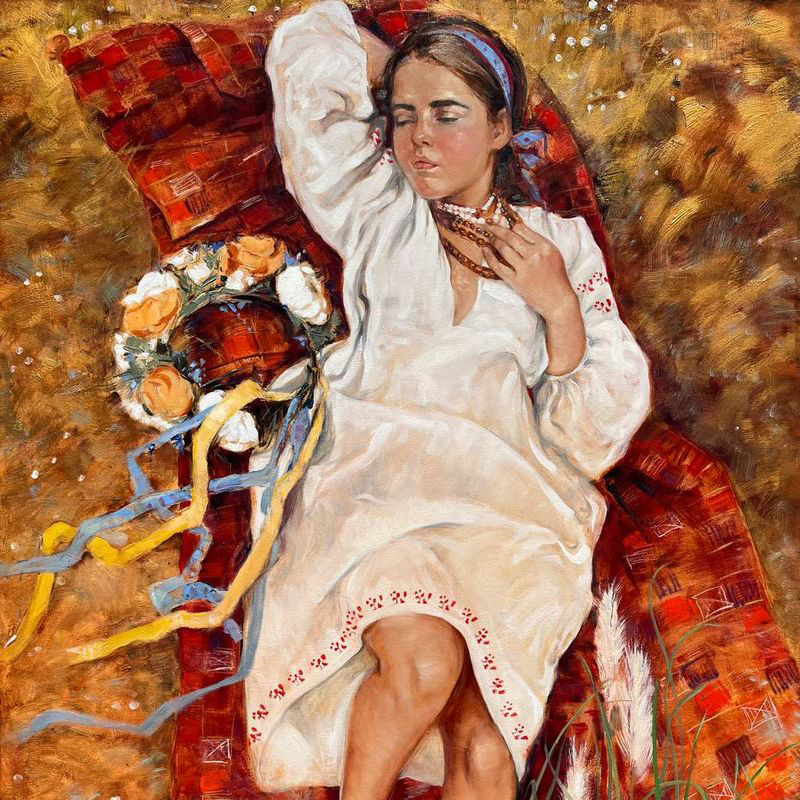 Polina, an artwork by Ukrainian young women in traditional costumes, artwork by Iryna Kalyuzhna-cloaseup