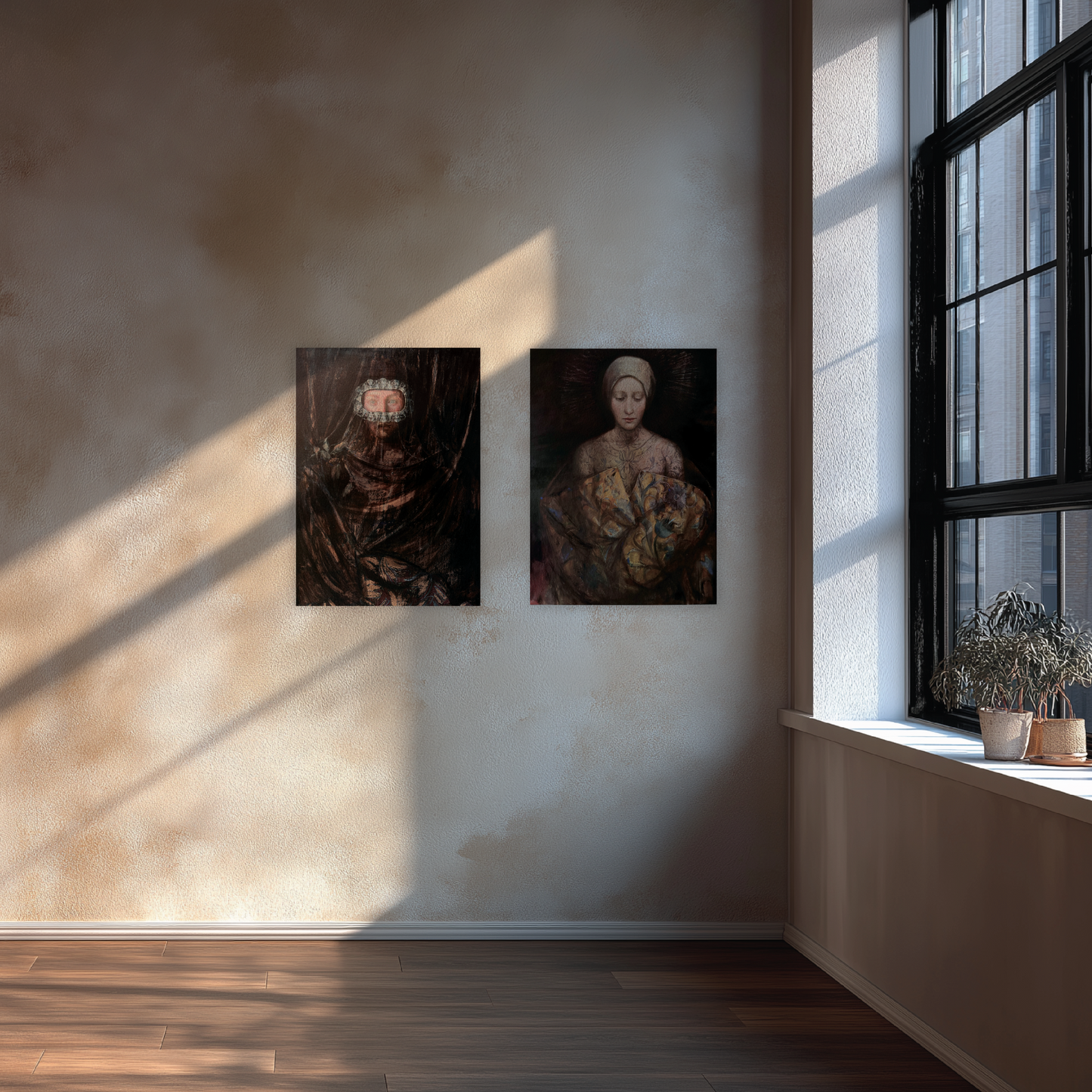 Two framed artworks on a wall with a window and plants in the background