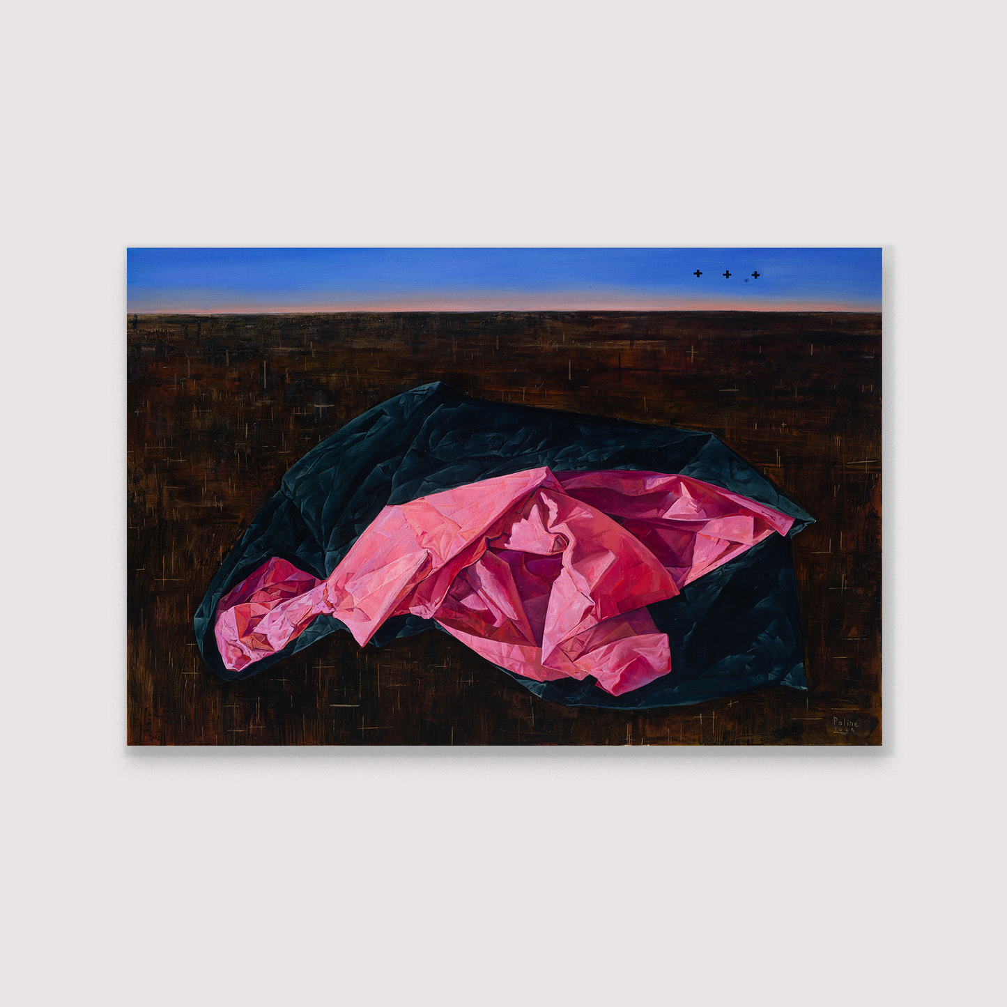 Abstract painting with pink and green shapes on a dark brown background