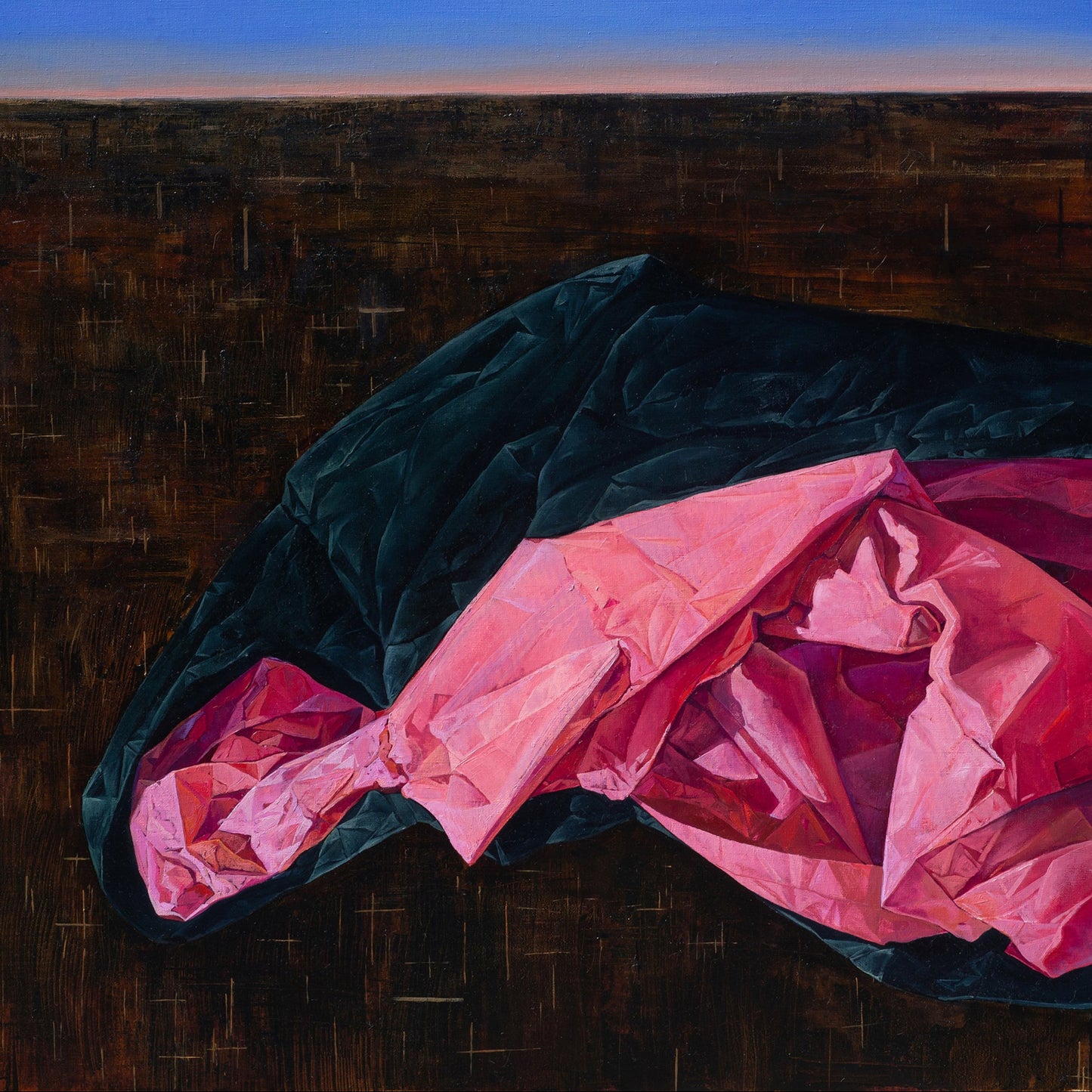 Artistic depiction of a pink and black abstract form on a dark background